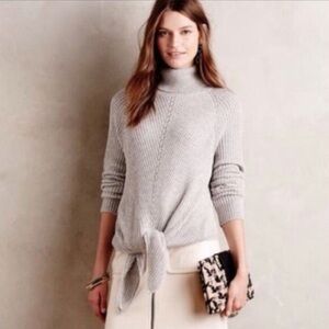 Anthropologie Heather Gray Tie-Front Turtleneck Sweater